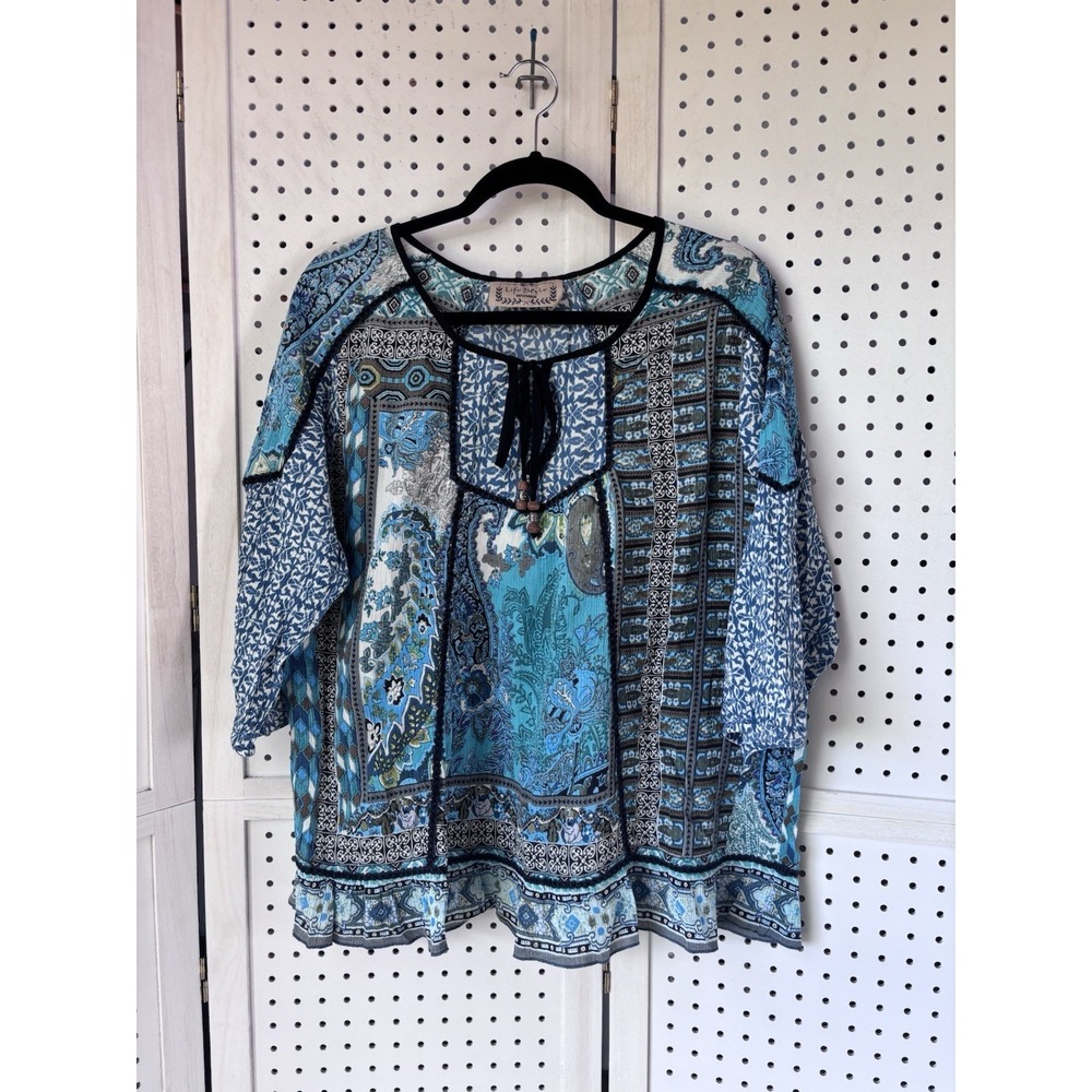 Life Style Women's Lg Boho 3/4 SLV Printed Blouse Shirt Tassel Paisley Geo
